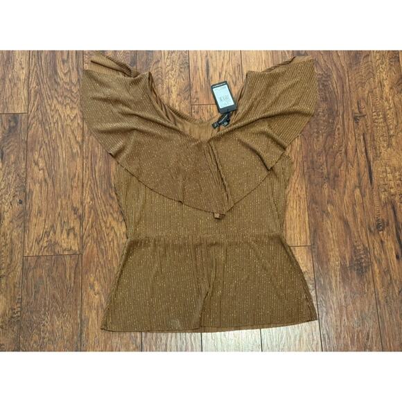 Adrianna Papell Gold Sparkle Stripe Ruffle Top Metallic Gold - Size L - Picture 6 of 7